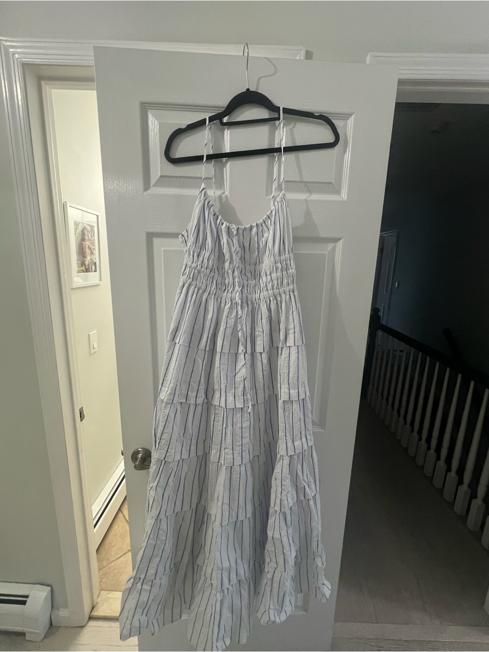 Striped White and Blue Tiered Maxi Sundress